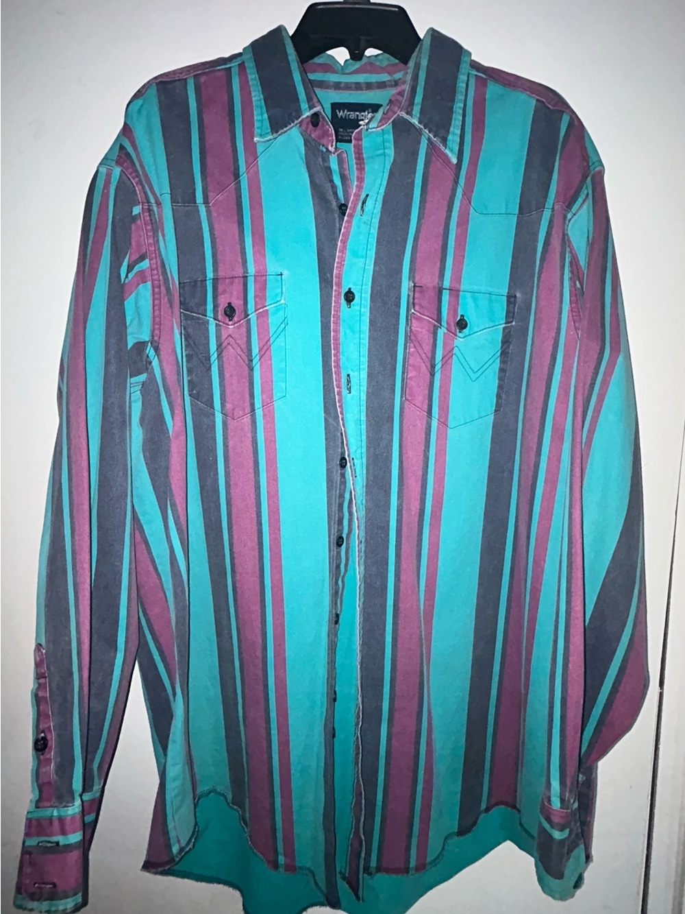Wrangler Teal, Purple & Black Vertical Stripe Button-Down Shirt